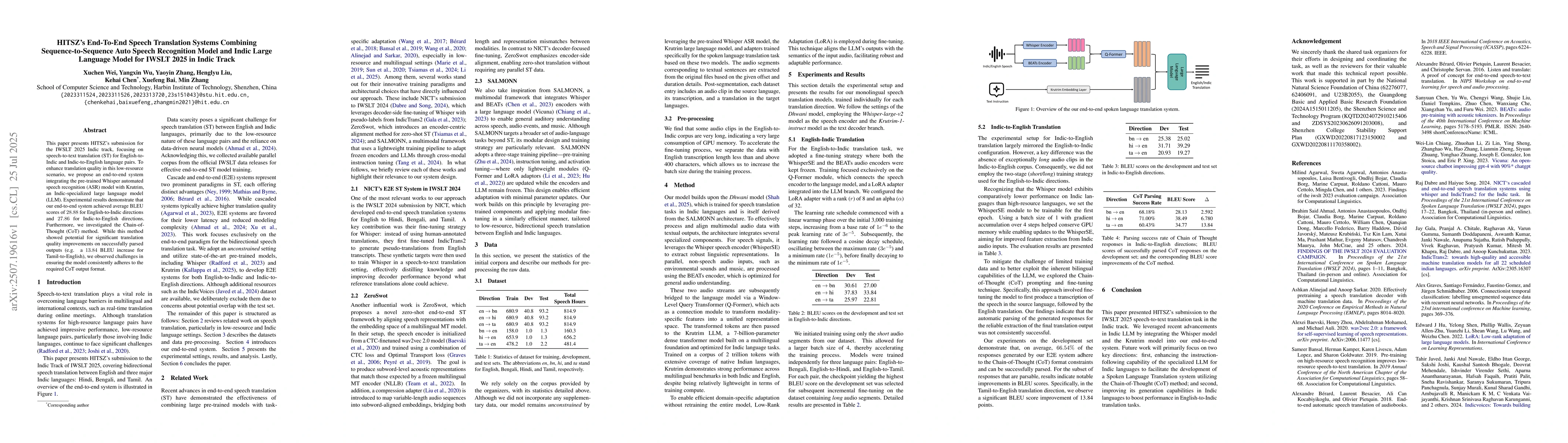 Thumbnail for HITSZ's End-To-End Speech Translation Systems Combining
  Sequence-to-Sequence Auto Speech Recognition Model and Indic Large Language
  Model for IWSLT 2025 in Indic Track