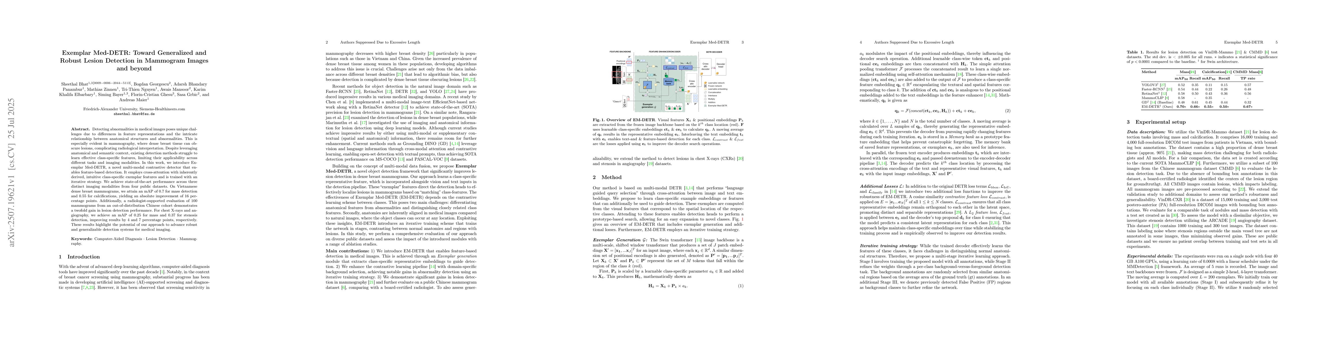 Thumbnail for Exemplar Med-DETR: Toward Generalized and Robust Lesion Detection in
  Mammogram Images and beyond