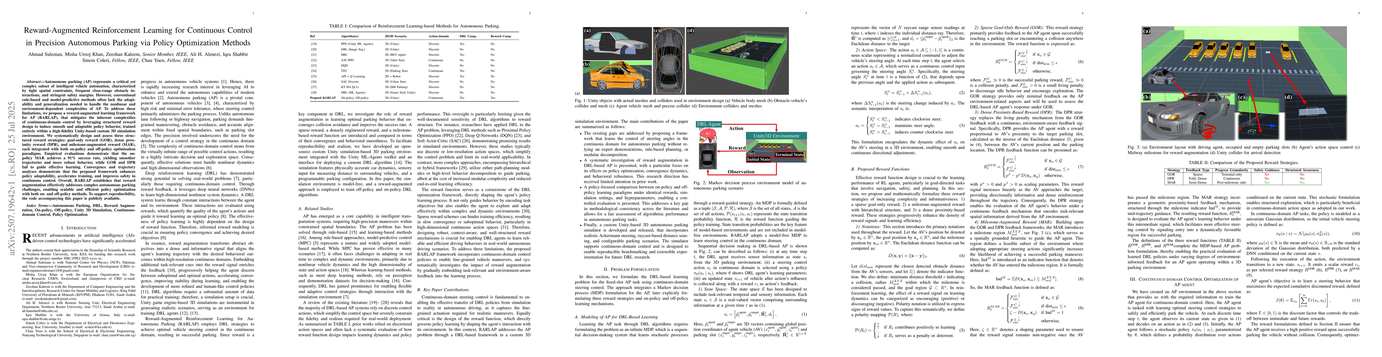 Thumbnail for Reward-Augmented Reinforcement Learning for Continuous Control in
  Precision Autonomous Parking via Policy Optimization Methods