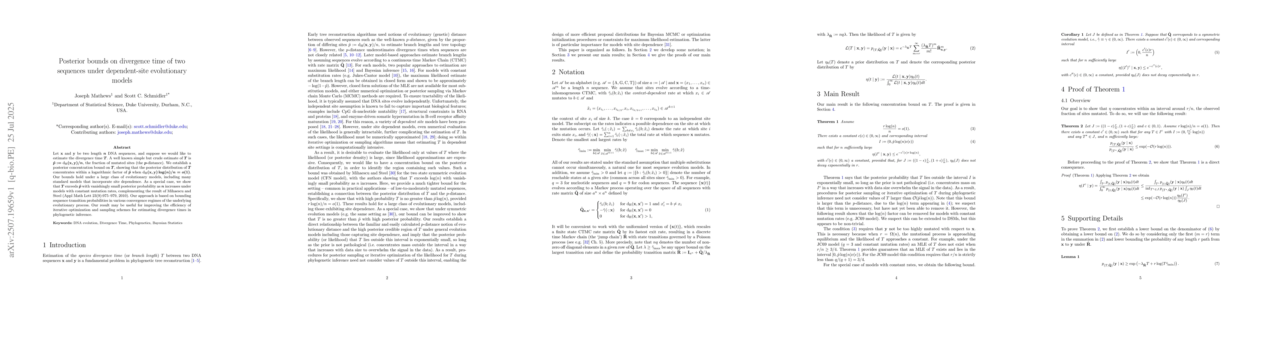 Thumbnail for Posterior bounds on divergence time of two sequences under
  dependent-site evolutionary models