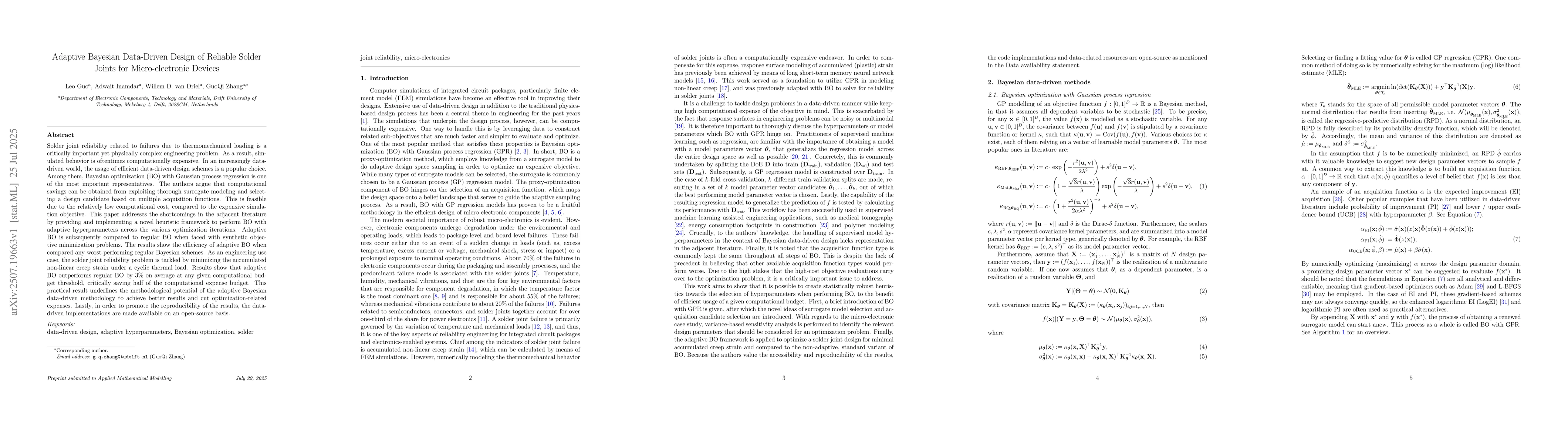 Thumbnail for Adaptive Bayesian Data-Driven Design of Reliable Solder Joints for
  Micro-electronic Devices