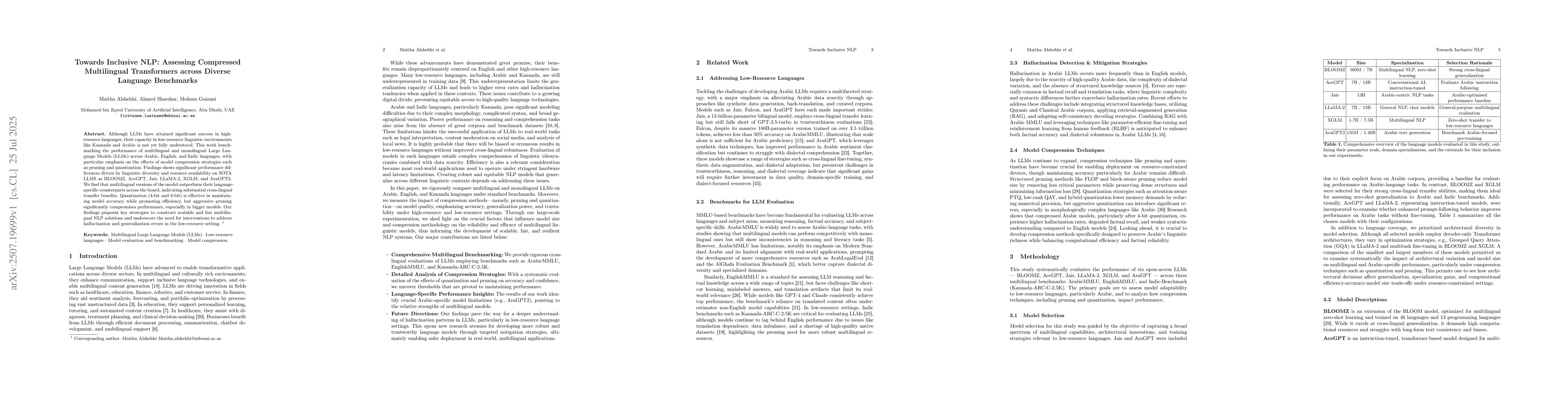 Thumbnail for Towards Inclusive NLP: Assessing Compressed Multilingual Transformers
  across Diverse Language Benchmarks