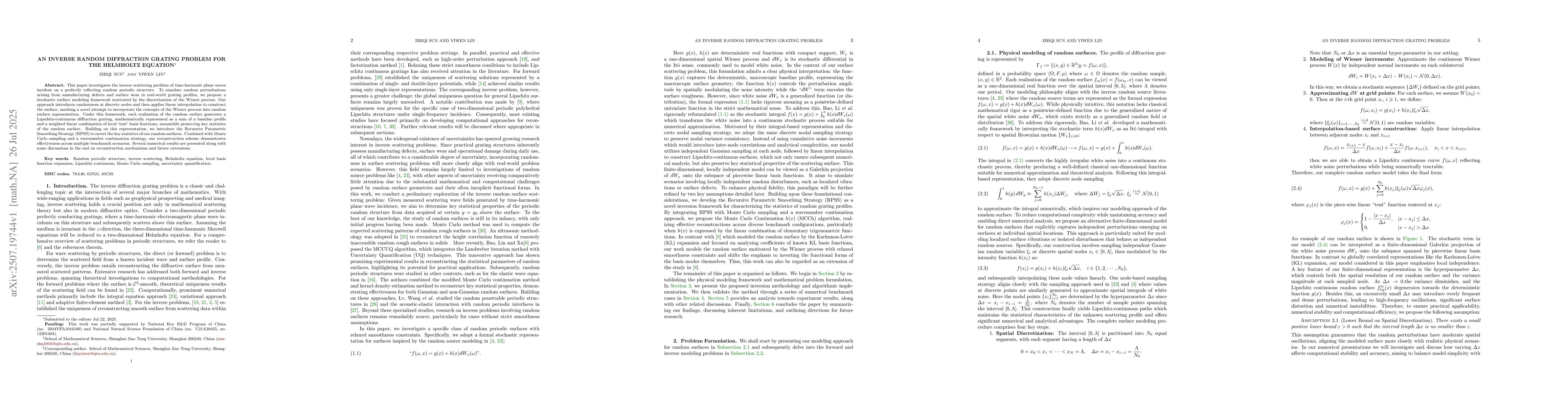 Thumbnail for An inverse random diffraction grating problem for the Helmholtz equation