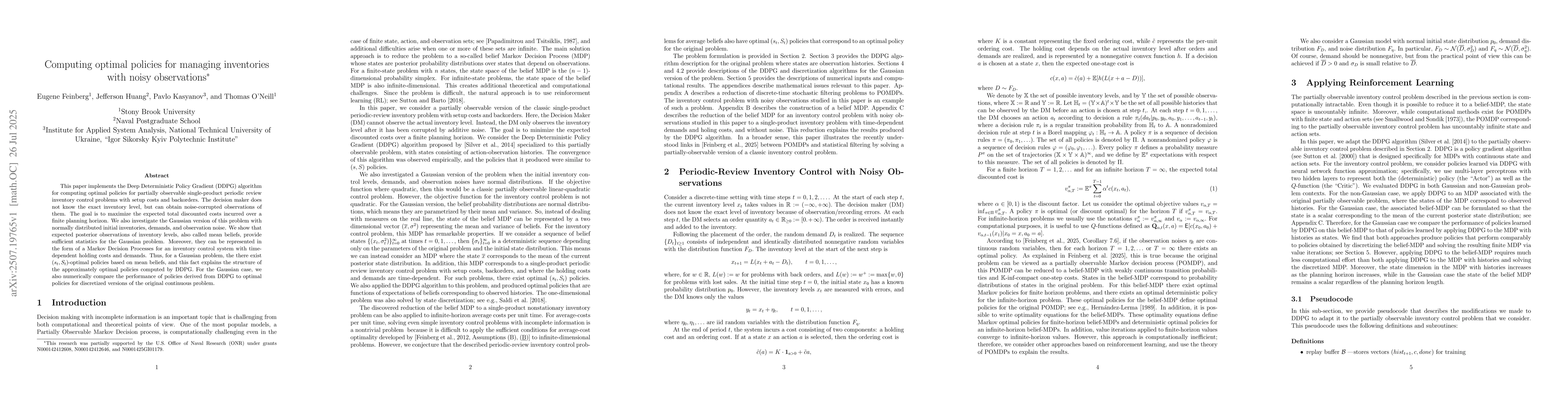 Thumbnail for Computing optimal policies for managing inventories with noisy
  observations