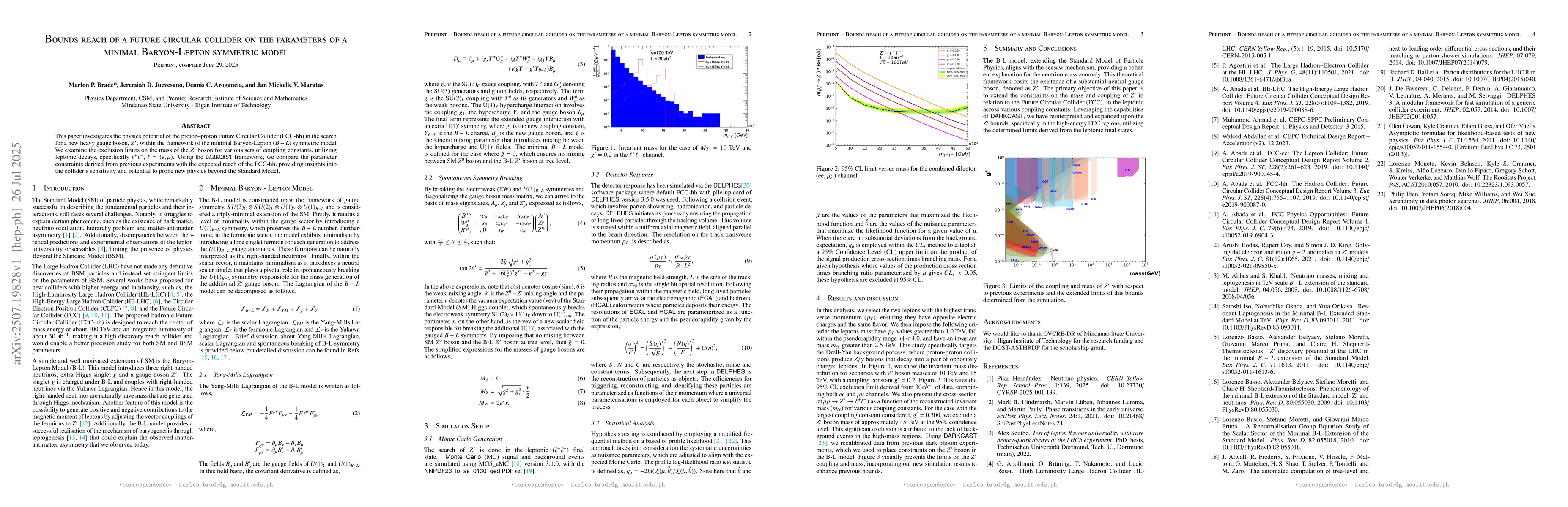 Thumbnail for Bounds reach of a future circular collider on the parameters of a
  minimal Baryon-Lepton symmetric model