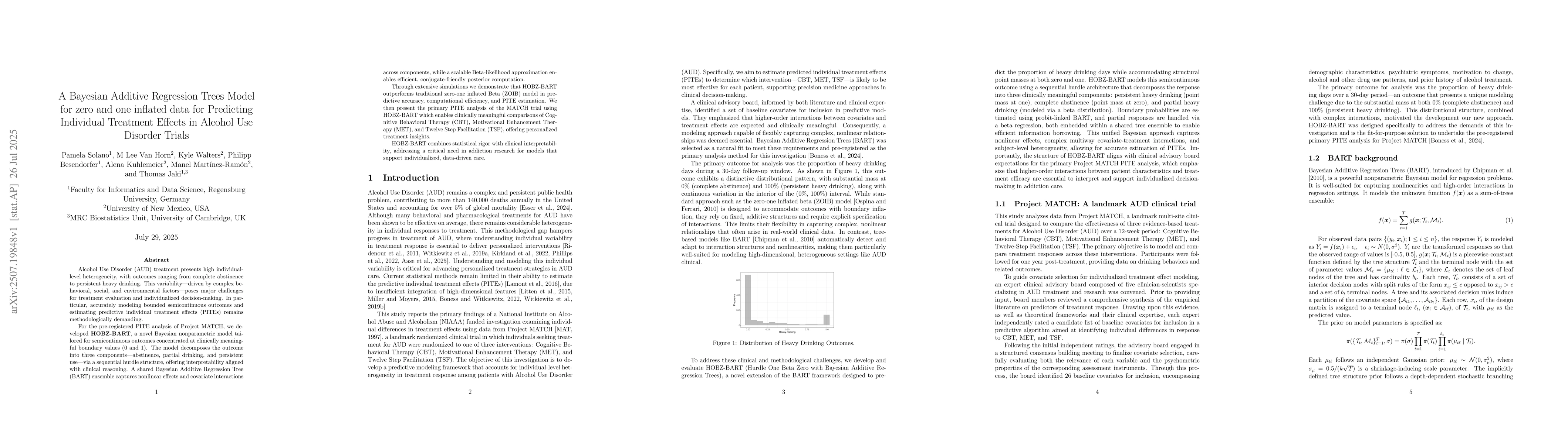Thumbnail for A Bayesian Additive Regression Trees Model for zero and one inflated
  data for Predicting Individual Treatment Effects in Alcohol Use Disorder
  Trials