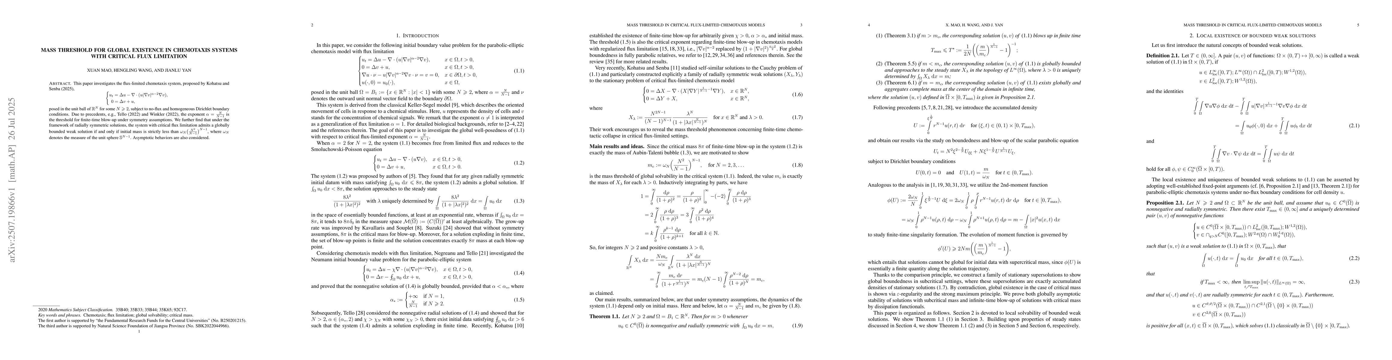 Thumbnail for Mass threshold for global existence in chemotaxis systems with critical
  flux limitation