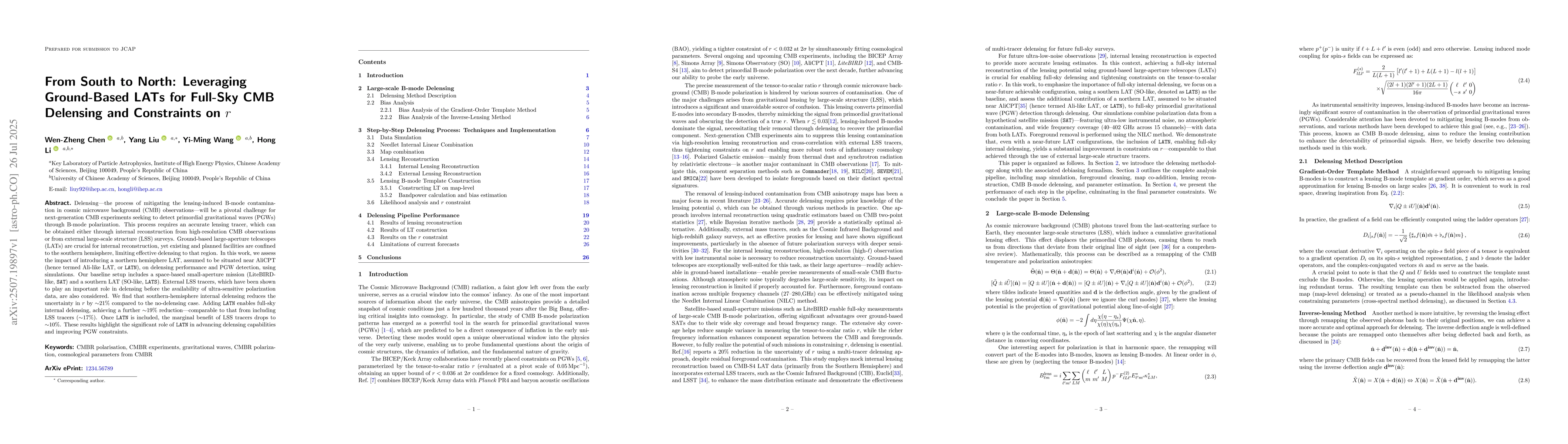 Thumbnail for From South to North: Leveraging Ground-Based LATs for Full-Sky CMB
  Delensing and Constraints on $r$