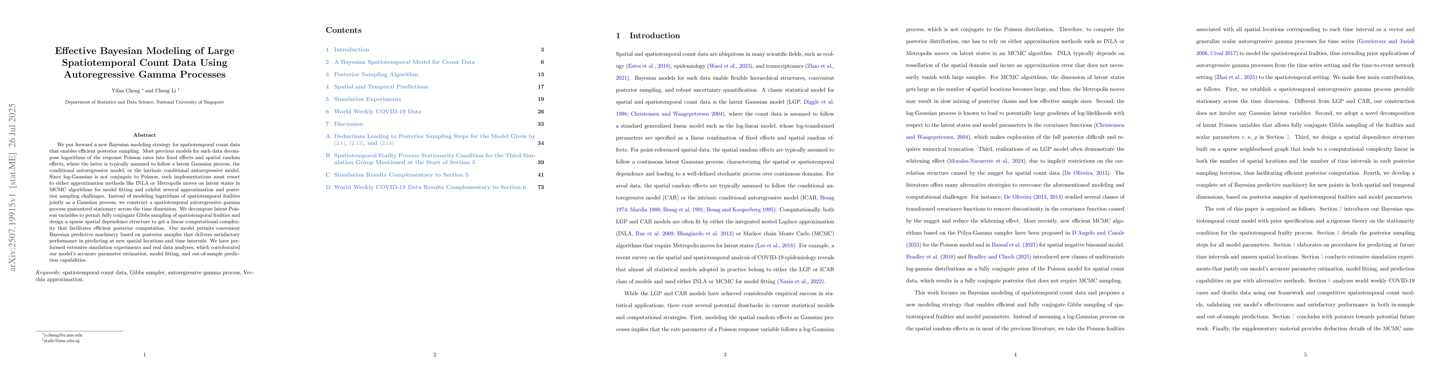 Thumbnail for Effective Bayesian Modeling of Large Spatiotemporal Count Data Using
  Autoregressive Gamma Processes