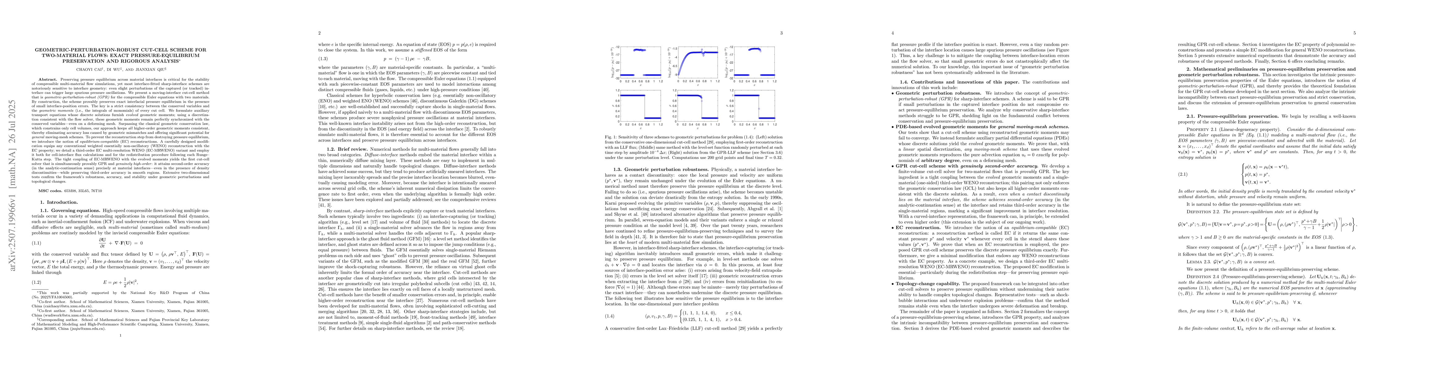 Thumbnail for Geometric-Perturbation-Robust Cut-Cell Scheme for Two-Material Flows:
  Exact Pressure-Equilibrium Preservation and Rigorous Analysis