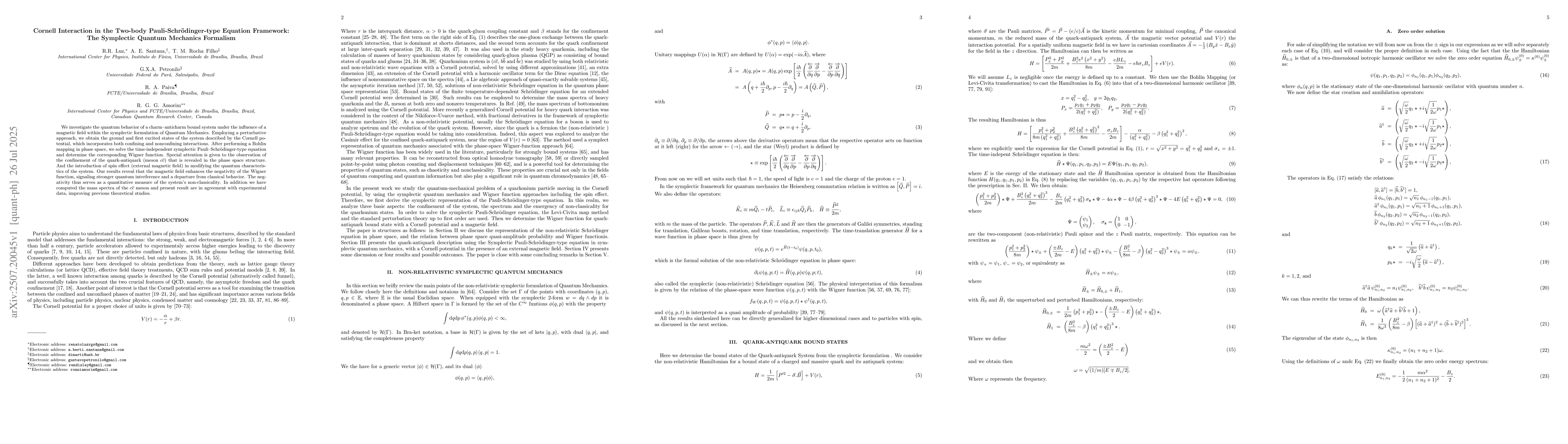 Thumbnail for Cornell Interaction in the Two-body Pauli-Schrödinger-type Equation
  Framework: The Symplectic Quantum Mechanics Formalism