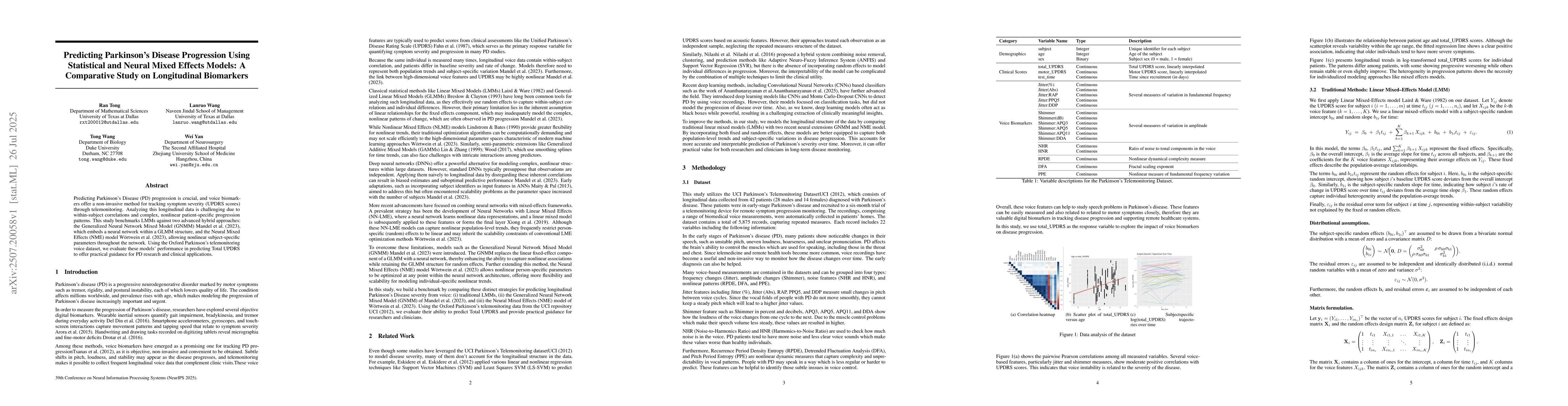 Thumbnail for Predicting Parkinson's Disease Progression Using Statistical and Neural
  Mixed Effects Models: A Comparative Study on Longitudinal Biomarkers