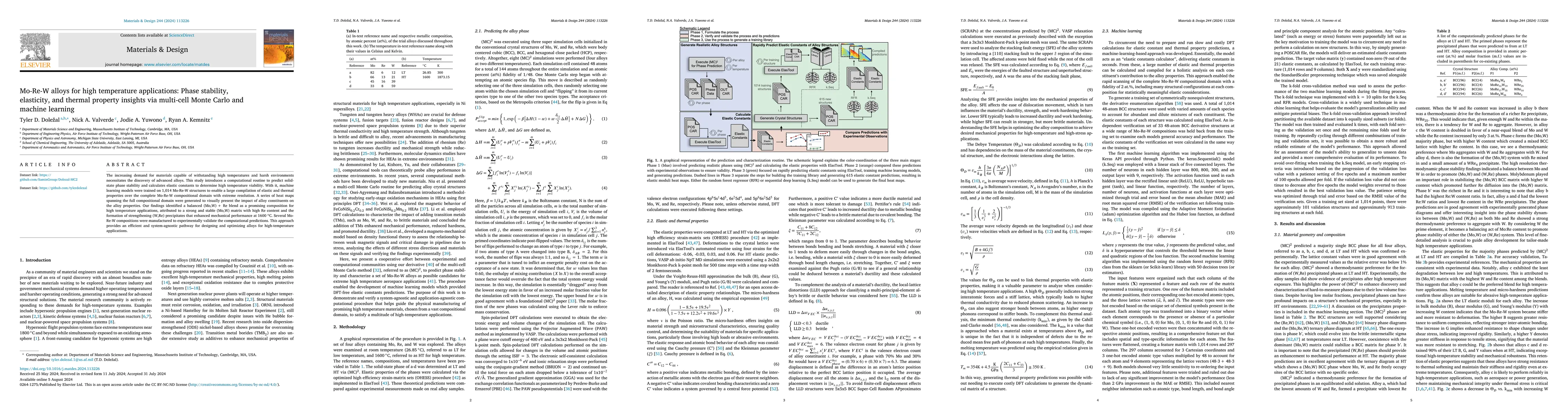 Thumbnail for Mo-Re-W Alloys for High Temperature Applications: Phase Stability,
  Elasticity, and Thermal Property Insights via Multi-Cell Monte Carlo and
  Machine Learning