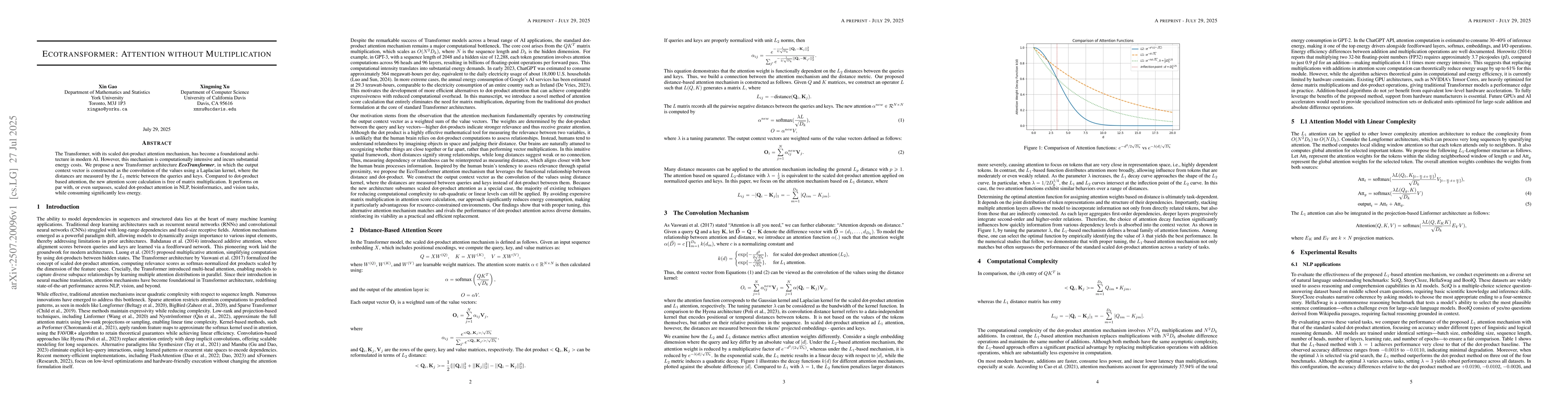 Thumbnail for EcoTransformer: Attention without Multiplication