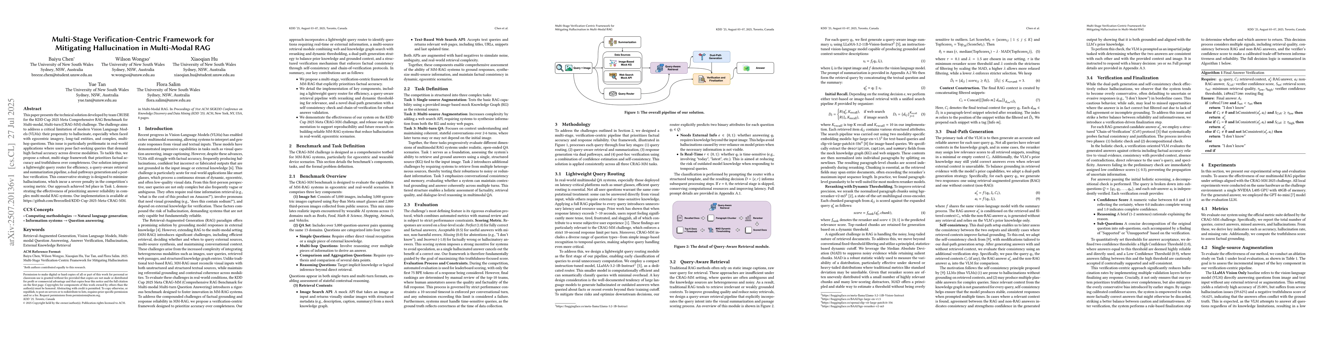 Thumbnail for Multi-Stage Verification-Centric Framework for Mitigating Hallucination
  in Multi-Modal RAG