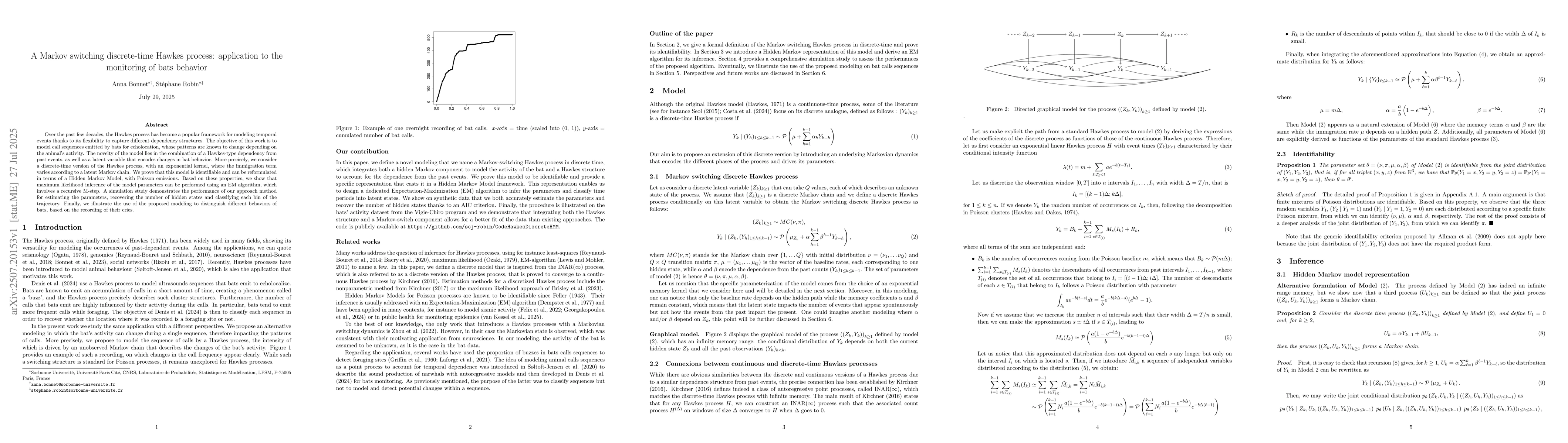 Thumbnail for A Markov switching discrete-time Hawkes process: application to the
  monitoring of bats behavior