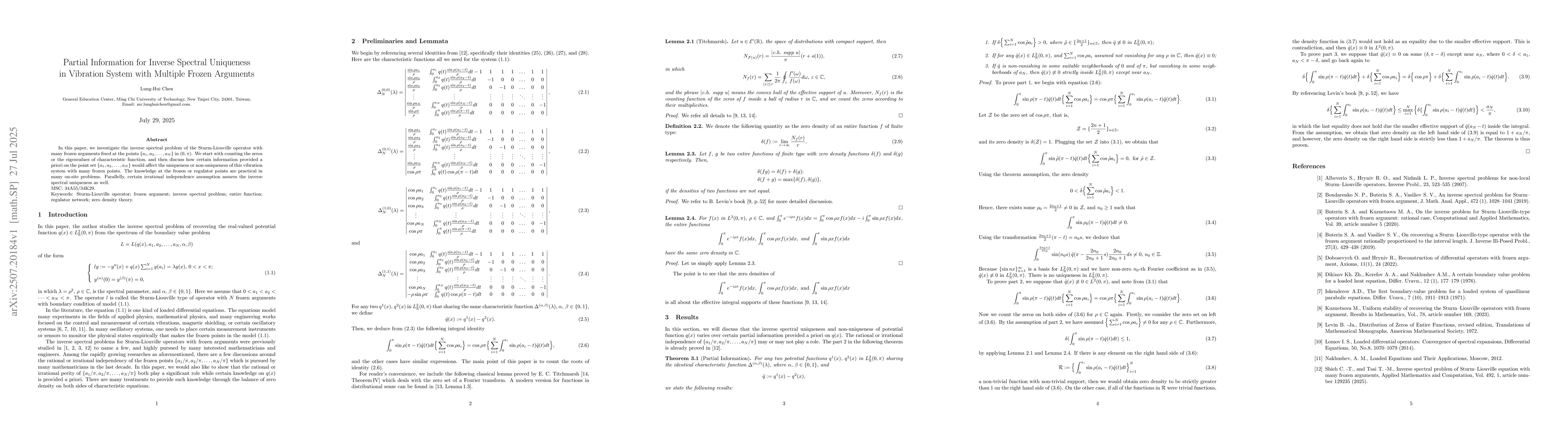 Thumbnail for Partial Information for Inverse Spectral Uniqueness in Vibration System
  with Multiple Frozen Arguments