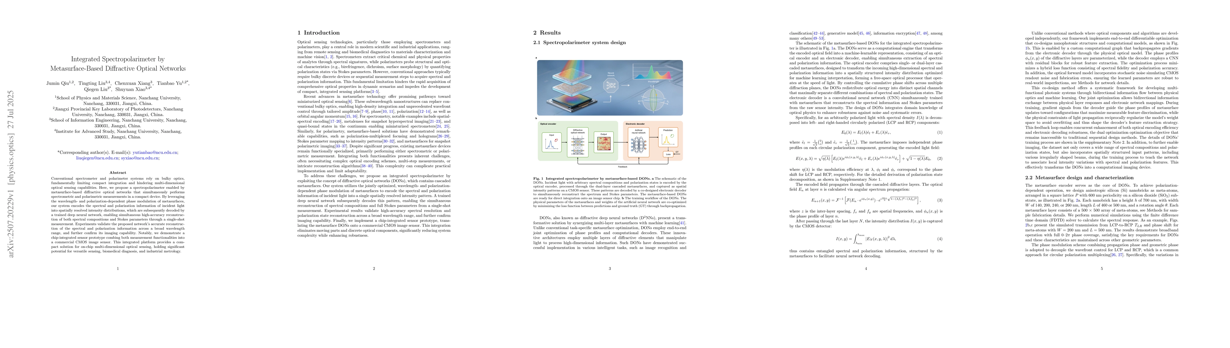 Thumbnail for Integrated Spectropolarimeter by Metasurface-Based Diffractive Optical
  Networks