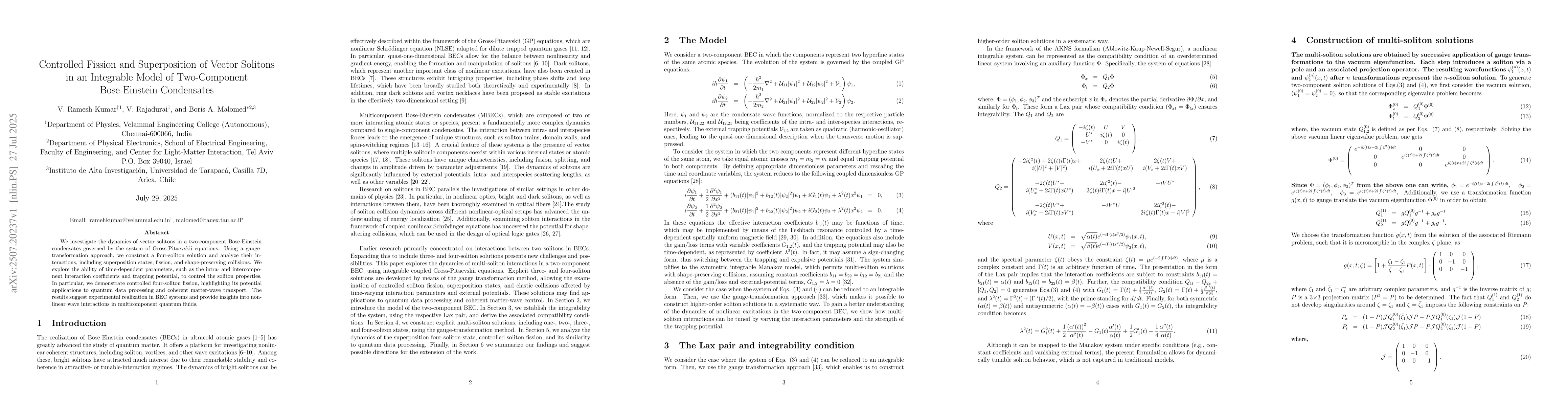 Thumbnail for Controlled Fission and Superposition of Vector Solitons in an Integrable
  Model of Two-Component Bose-Einstein Condensates