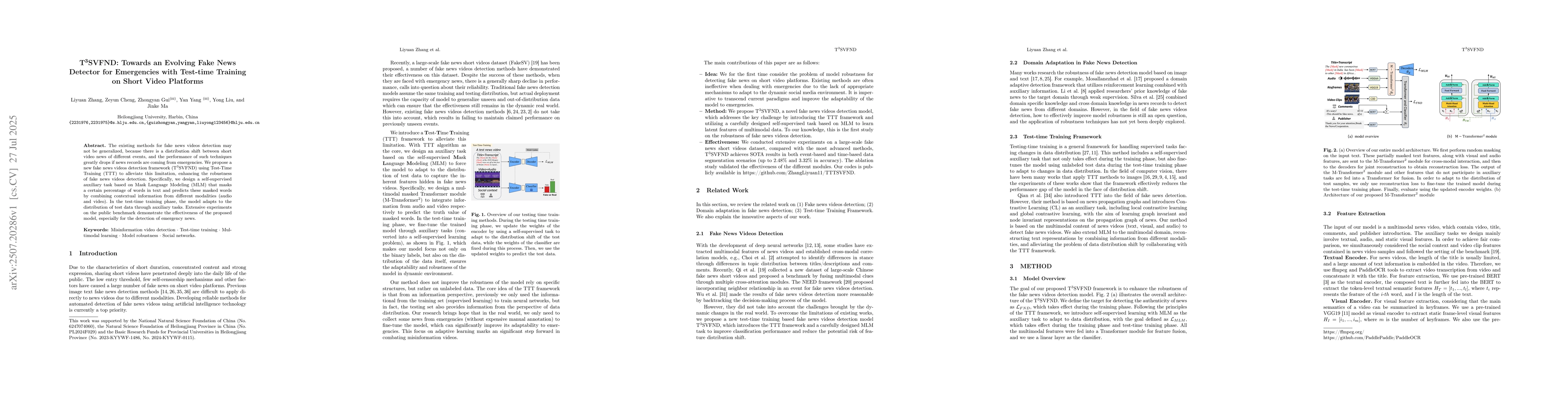 Thumbnail for T$^\text{3}$SVFND: Towards an Evolving Fake News Detector for
  Emergencies with Test-time Training on Short Video Platforms