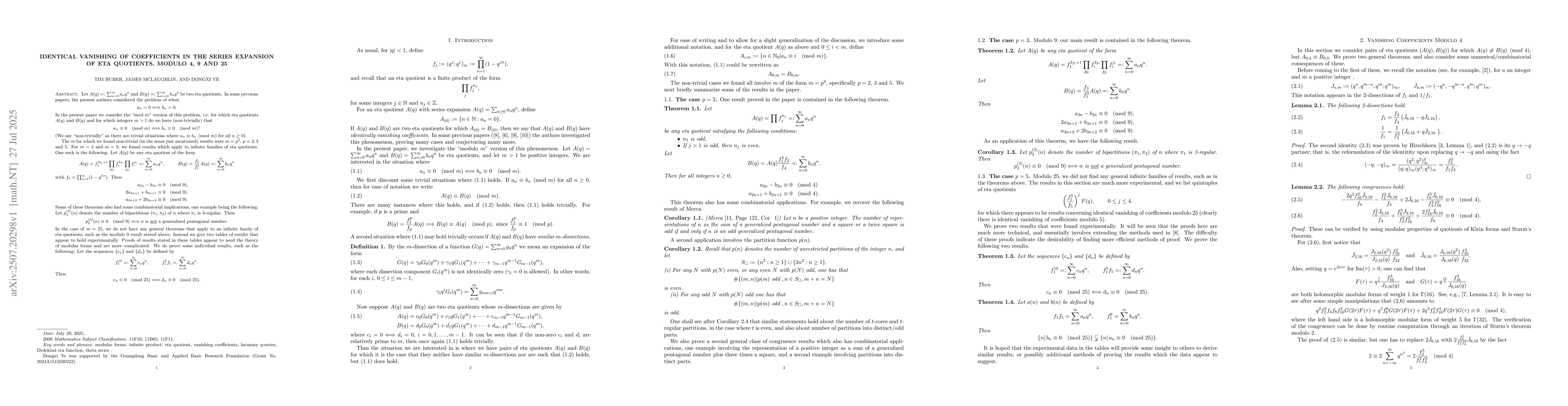 Thumbnail for Identical Vanishing of Coefficients in the Series Expansion of Eta
  Quotients, modulo 4, 9 and 25