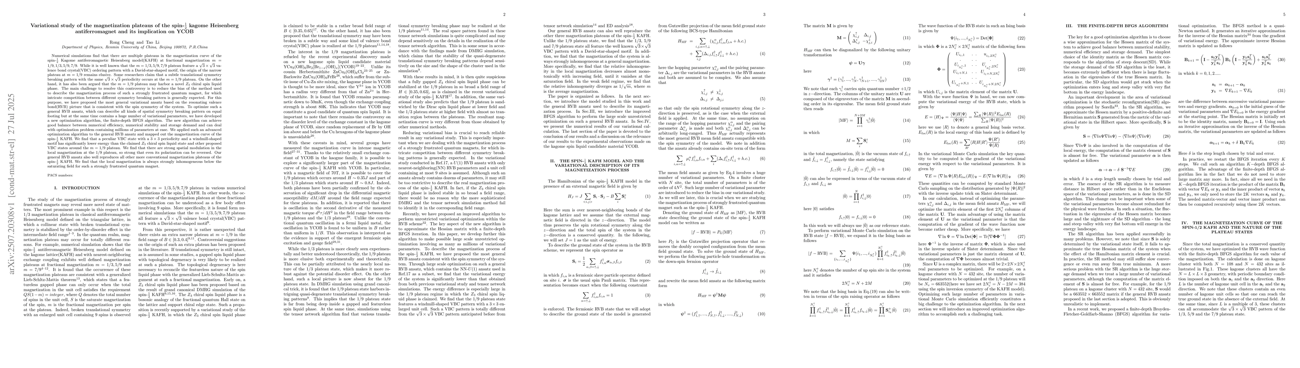 Thumbnail for Variational study of the magnetization plateaus of the
  spin-$\frac{1}{2}$ kagome Heisenberg antiferromagnet and its implication on
  YCOB