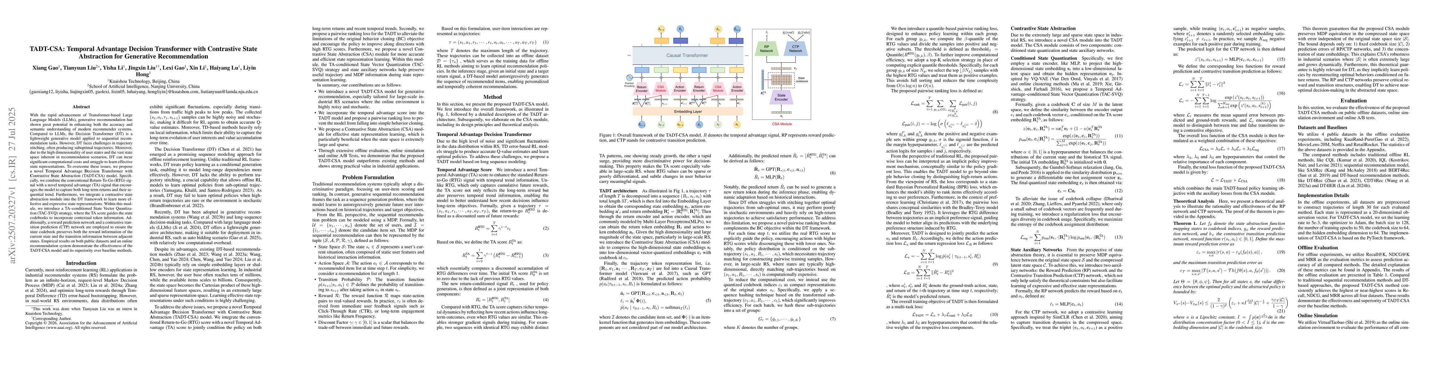 Thumbnail for TADT-CSA: Temporal Advantage Decision Transformer with Contrastive State
  Abstraction for Generative Recommendation