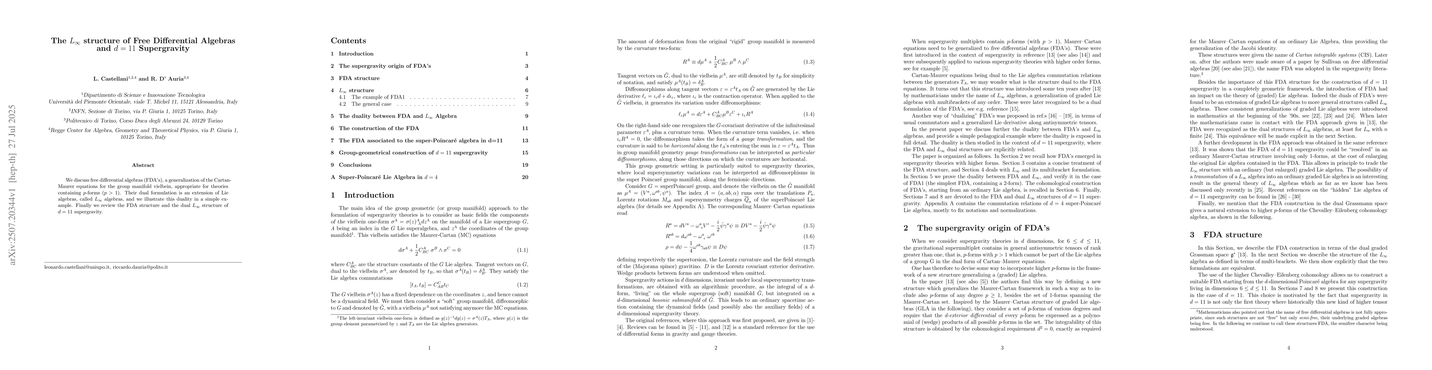 Thumbnail for The $L_\infty$ structure of Free Differential Algebras and $d=11$
  Supergravity