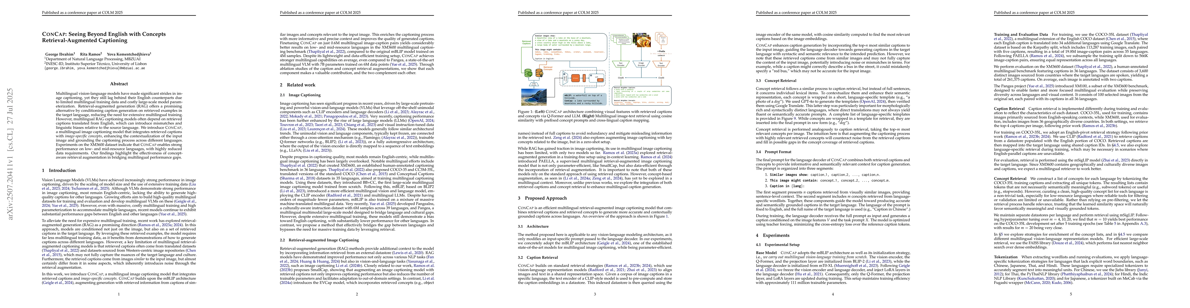 Thumbnail for CONCAP: Seeing Beyond English with Concepts Retrieval-Augmented
  Captioning