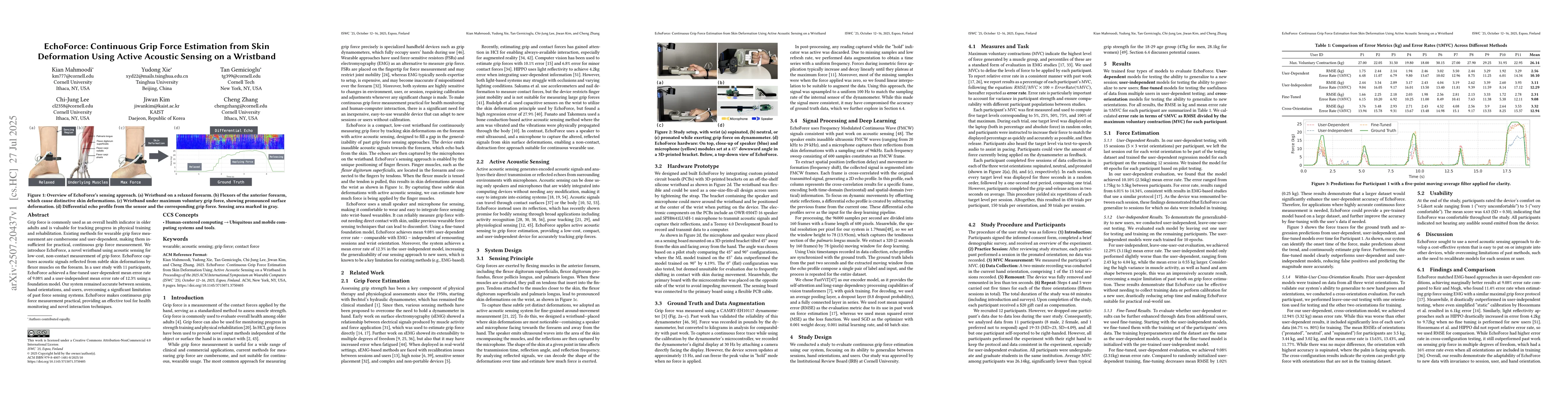 Thumbnail for EchoForce: Continuous Grip Force Estimation from Skin Deformation Using
  Active Acoustic Sensing on a Wristband