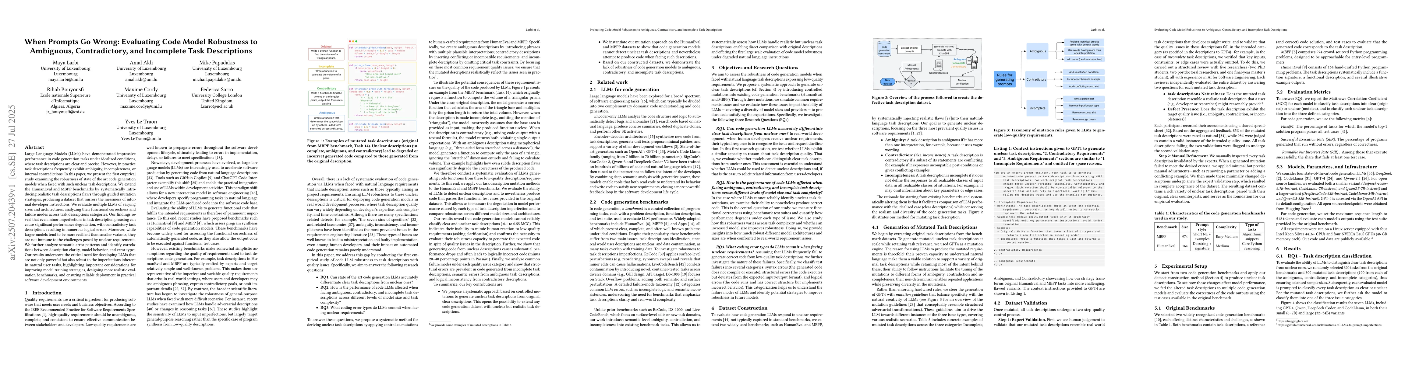 Thumbnail for When Prompts Go Wrong: Evaluating Code Model Robustness to Ambiguous,
  Contradictory, and Incomplete Task Descriptions