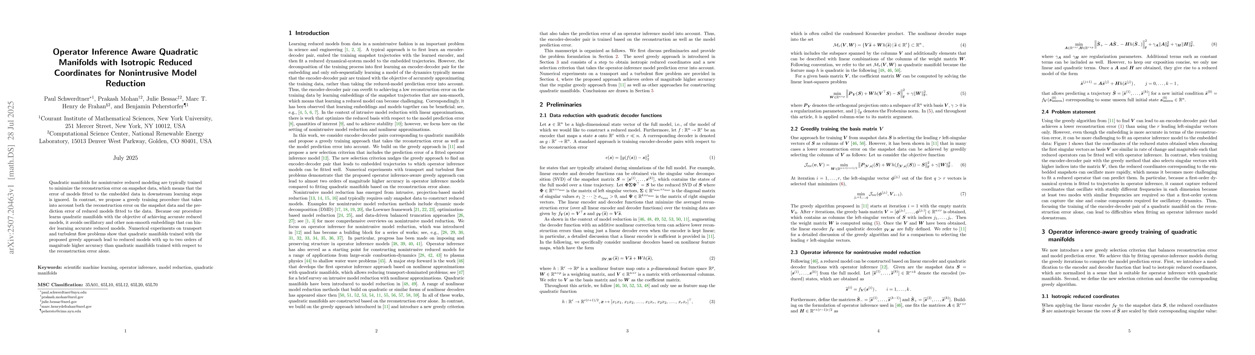Thumbnail for Operator Inference Aware Quadratic Manifolds with Isotropic Reduced
  Coordinates for Nonintrusive Model Reduction