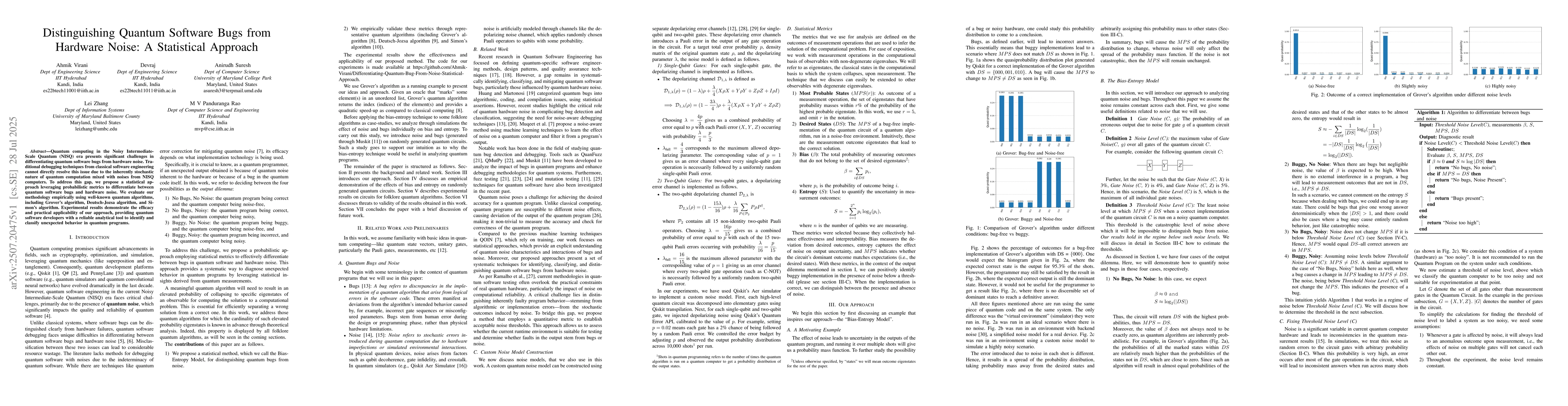 Thumbnail for Distinguishing Quantum Software Bugs from Hardware Noise: A Statistical
  Approach