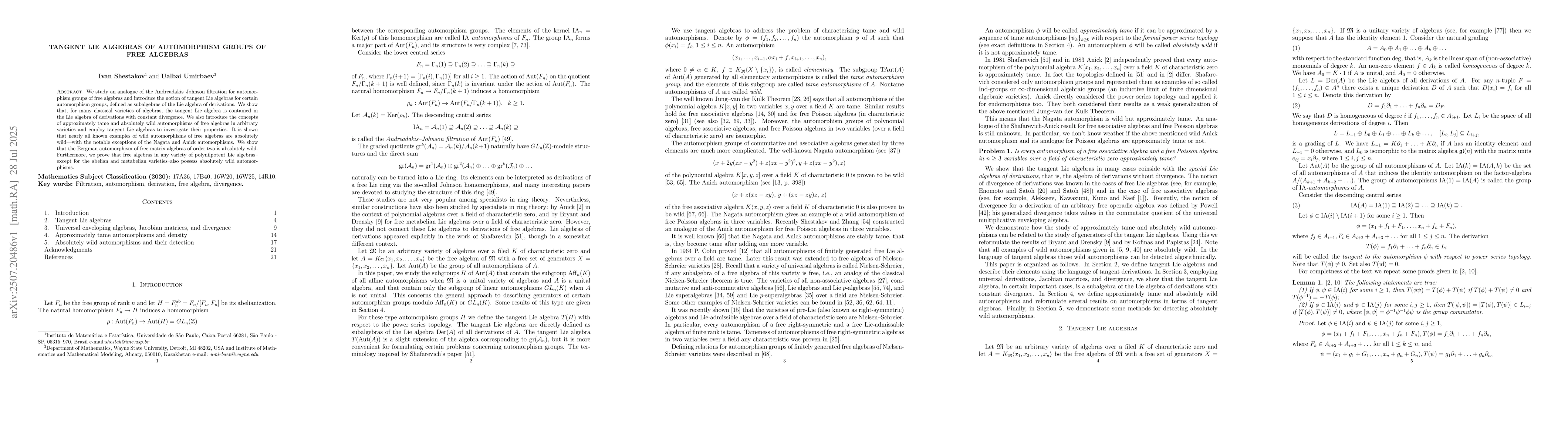 Thumbnail for Tangent Lie Algebras of Automorphism Groups of Free Algebras
