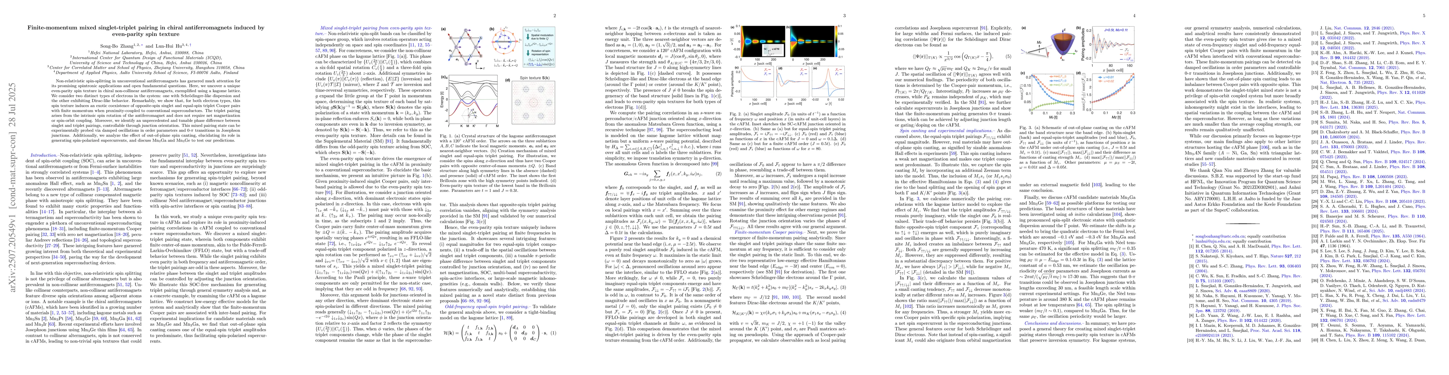 Thumbnail for Finite-momentum mixed singlet-triplet pairing in chiral antiferromagnets
  induced by even-parity spin texture