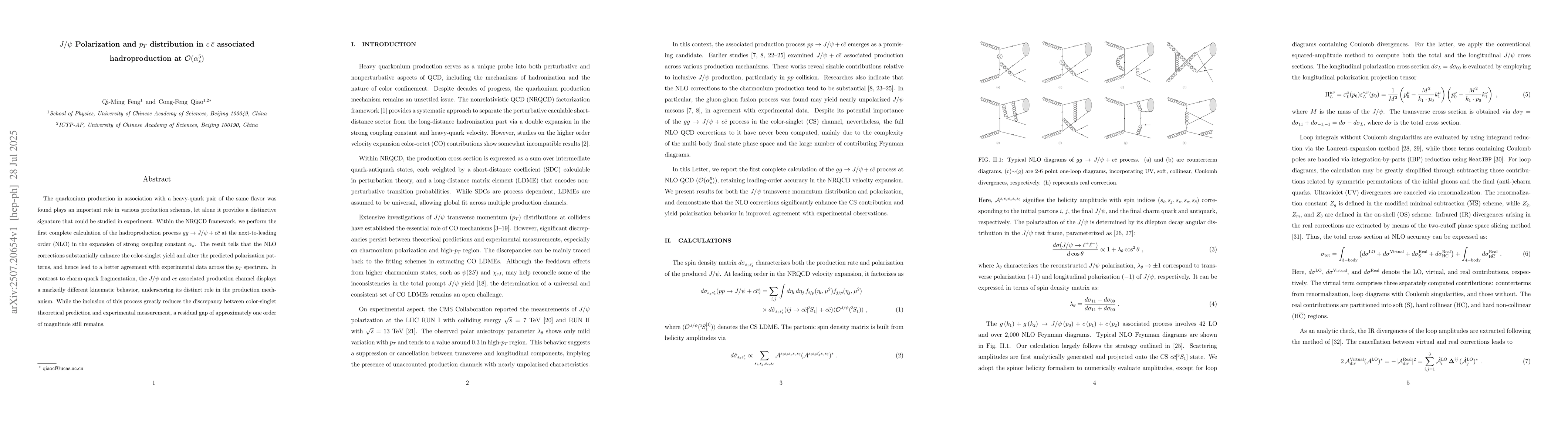 Thumbnail for $J/ψ$ Polarization and $p_T$ distribution in $c\ \!\bar{c}$
  associated hadroproduction at $\mathcal{O}(α_s^5)$