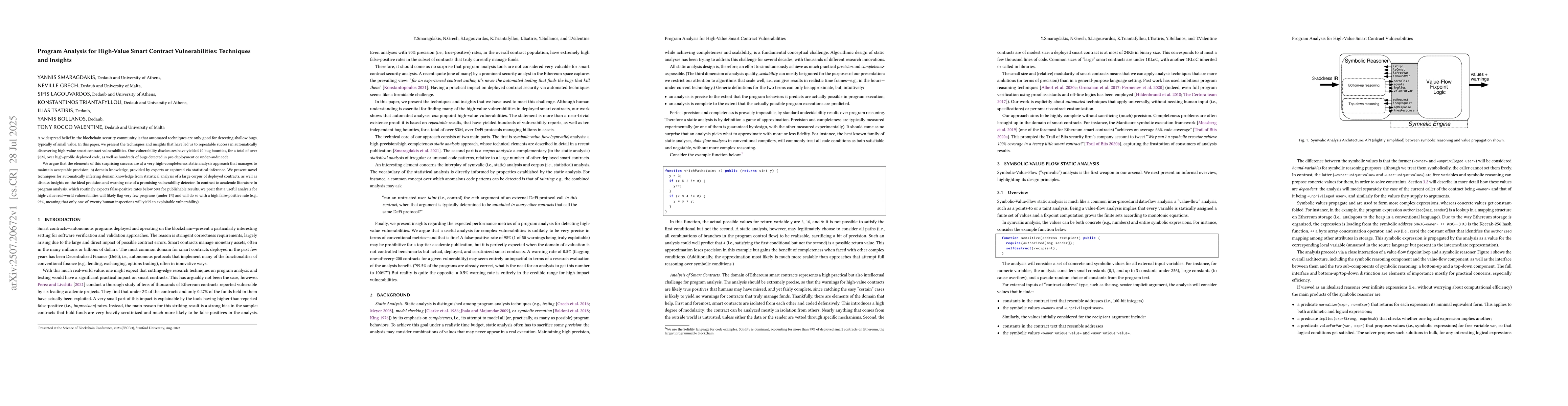 Thumbnail for Program Analysis for High-Value Smart Contract Vulnerabilities:
  Techniques and Insights