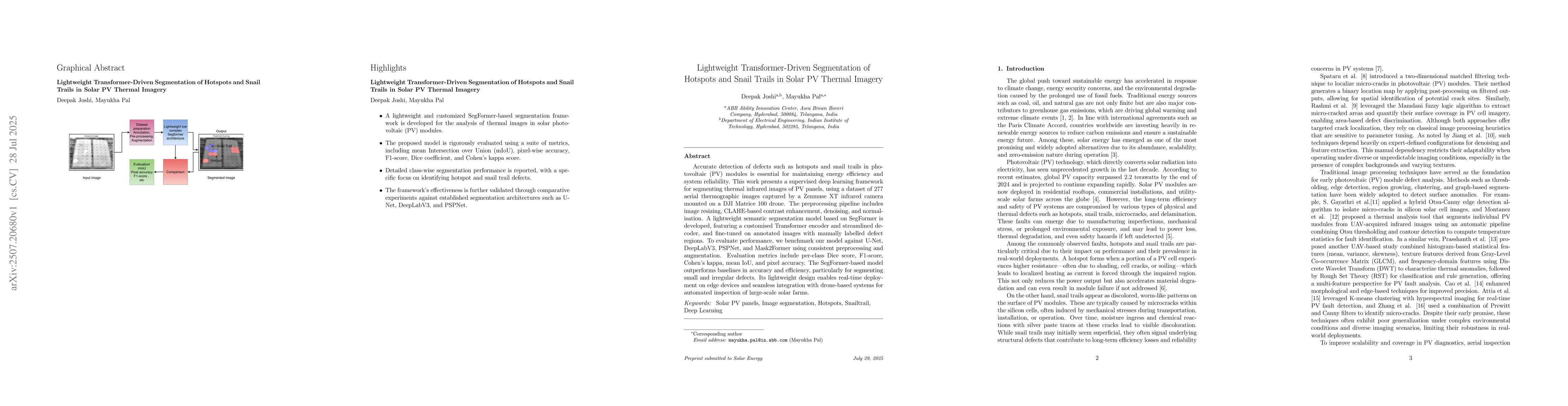 Thumbnail for Lightweight Transformer-Driven Segmentation of Hotspots and Snail Trails
  in Solar PV Thermal Imagery
