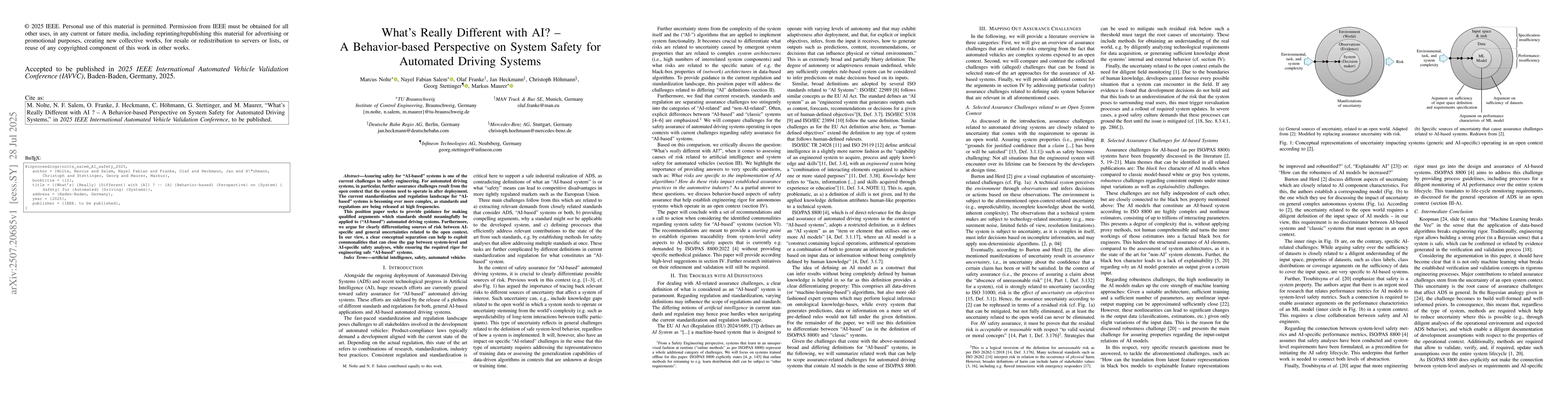 Thumbnail for What's Really Different with AI? -- A Behavior-based Perspective on
  System Safety for Automated Driving Systems
