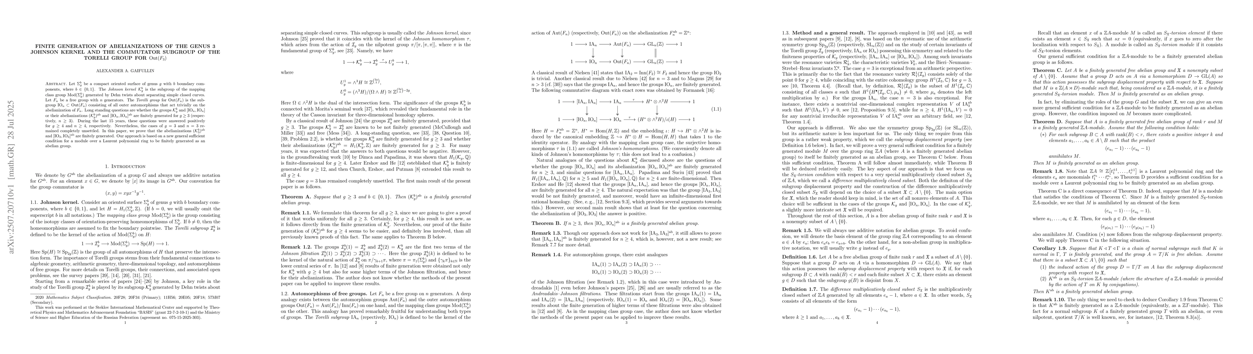 Thumbnail for Finite generation of abelianizations of the genus 3 Johnson kernel and
  the commutator subgroup of the Torelli group for $\mathrm{Out}(F_3)$