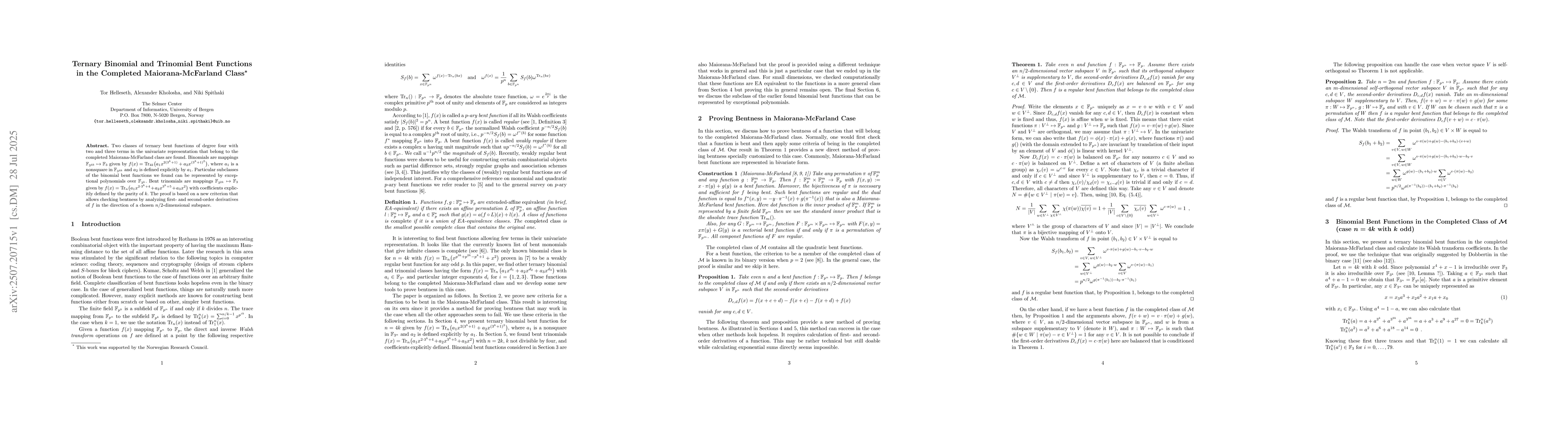 Thumbnail for Ternary Binomial and Trinomial Bent Functions in the Completed
  Maiorana-McFarland Class
