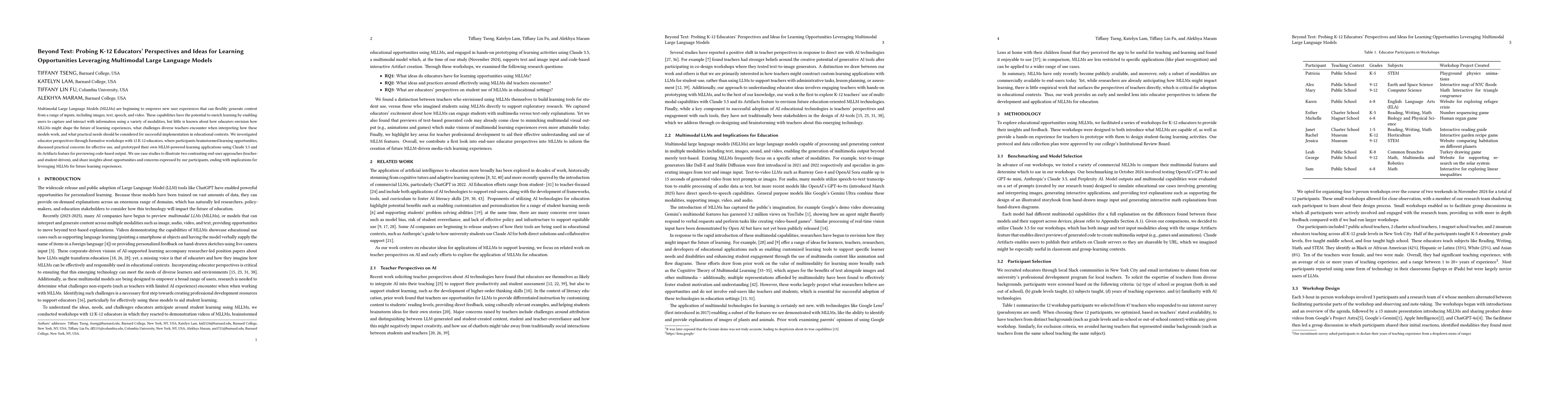 Thumbnail for Beyond Text: Probing K-12 Educators' Perspectives and Ideas for Learning
  Opportunities Leveraging Multimodal Large Language Models