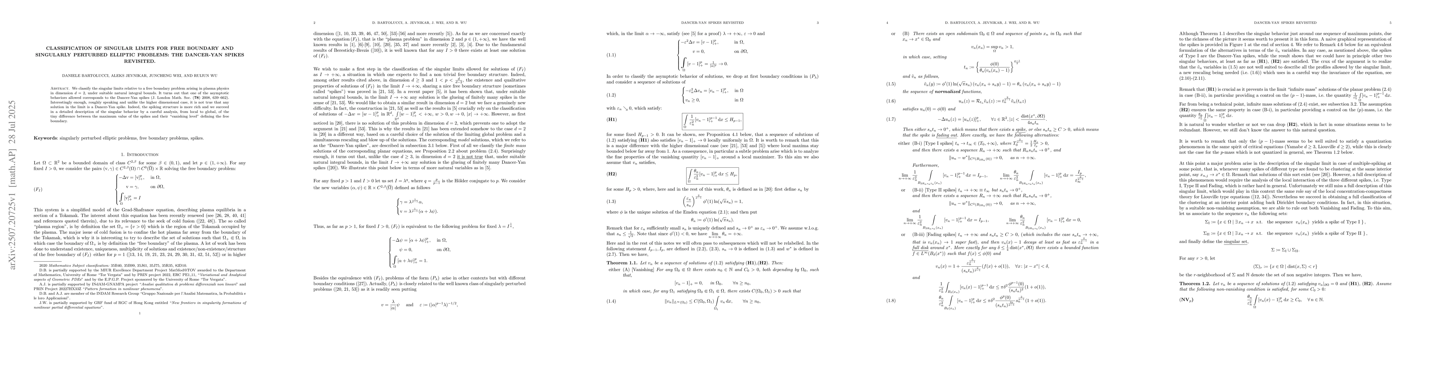 Thumbnail for Classification of singular limits for free boundary and singularly
  perturbed elliptic problems: the Dancer-Yan spikes revisited