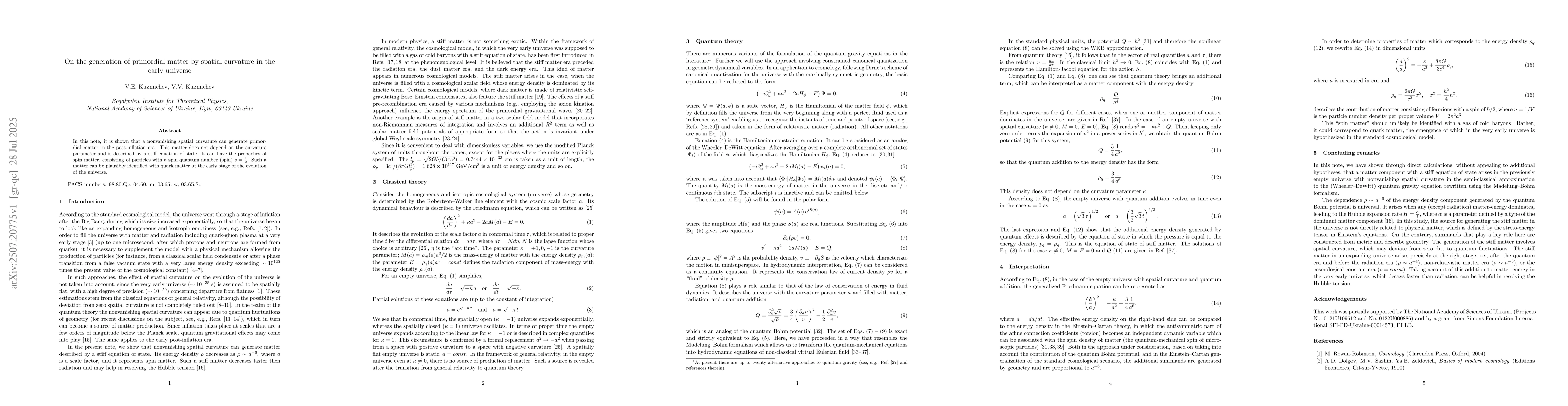 Thumbnail for On the generation of primordial matter by spatial curvature in the early
  universe