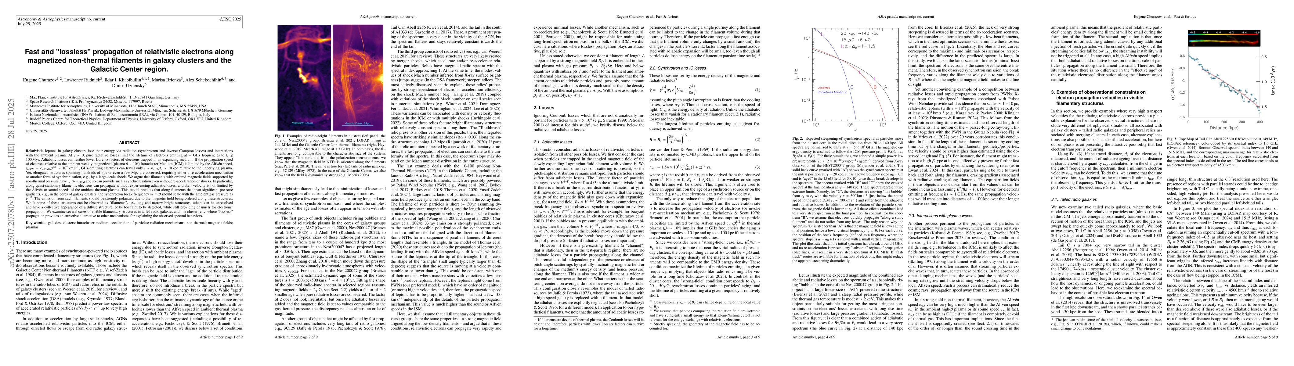 Thumbnail for Fast and "lossless" propagation of relativistic electrons along
  magnetized non-thermal filaments in galaxy clusters and the Galactic Center
  region