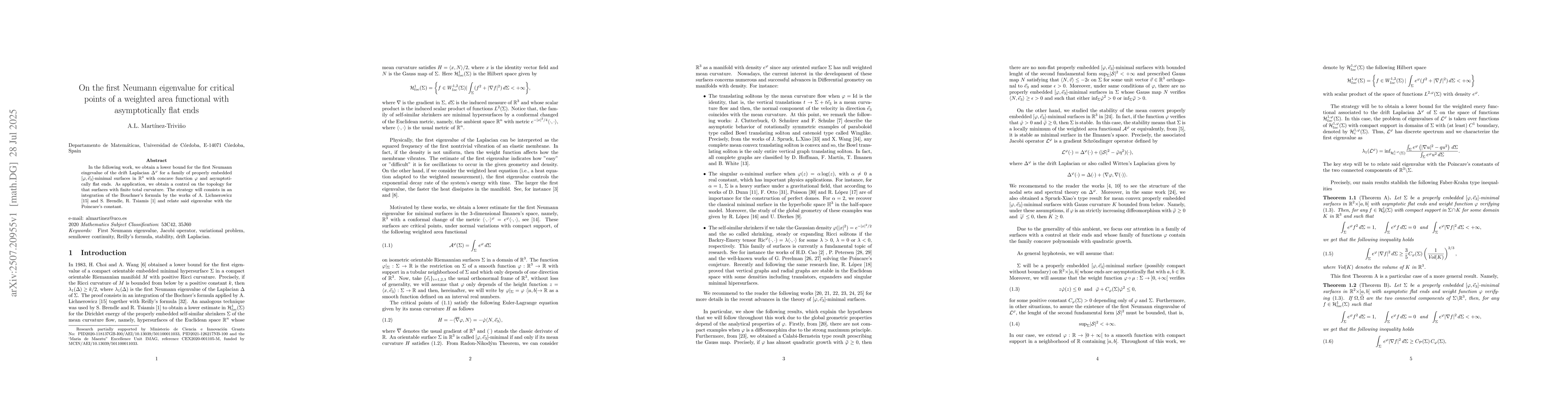 Thumbnail for On the first Neumann eigenvalue for critical points of a weighted area
  functional with asymptotically flat ends