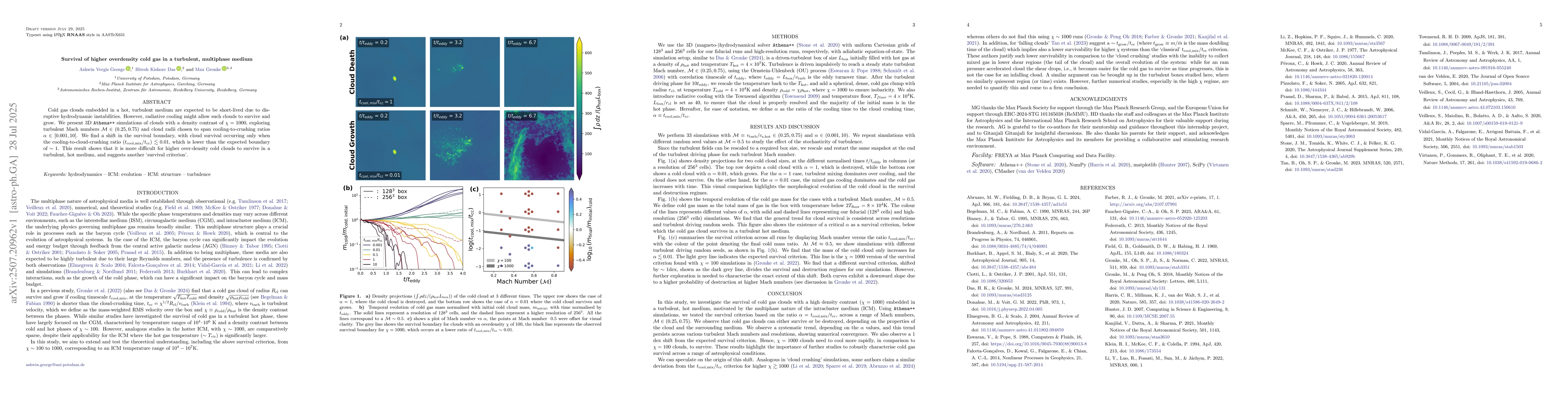 Thumbnail for Survival of higher overdensity cold gas in a turbulent, multiphase
  medium