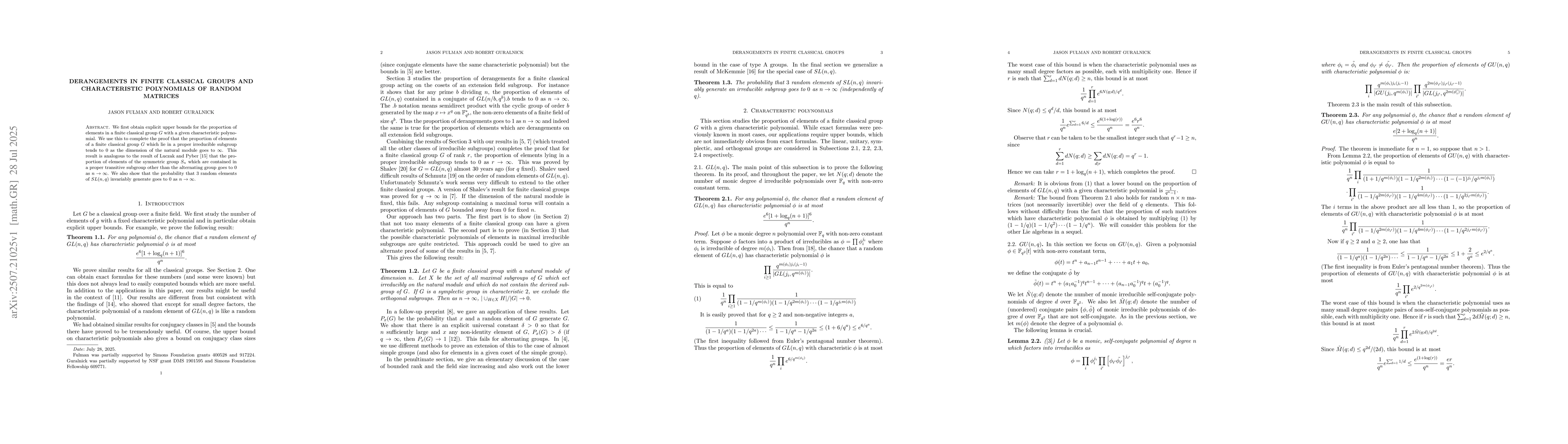 Thumbnail for Derangements in finite classical groups and characteristic polynomials
  of random matrices