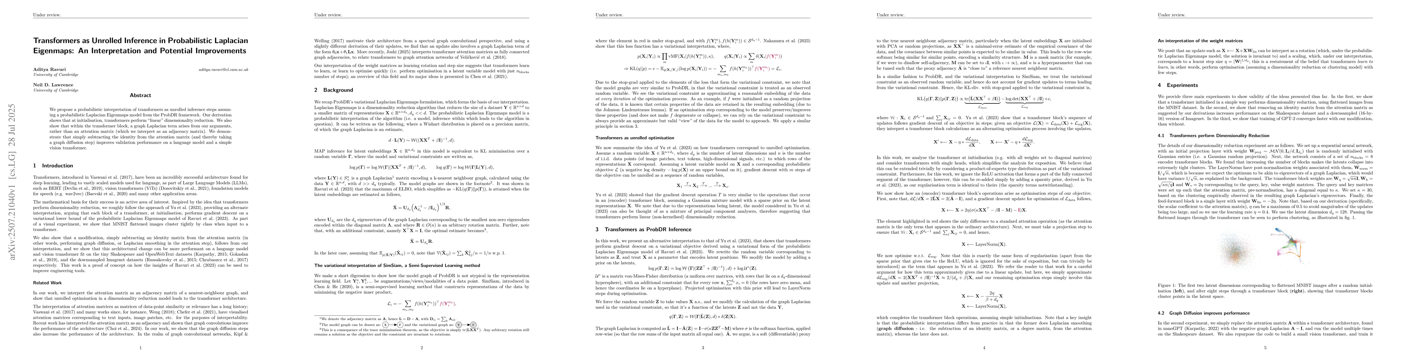 Thumbnail for Transformers as Unrolled Inference in Probabilistic Laplacian Eigenmaps:
  An Interpretation and Potential Improvements