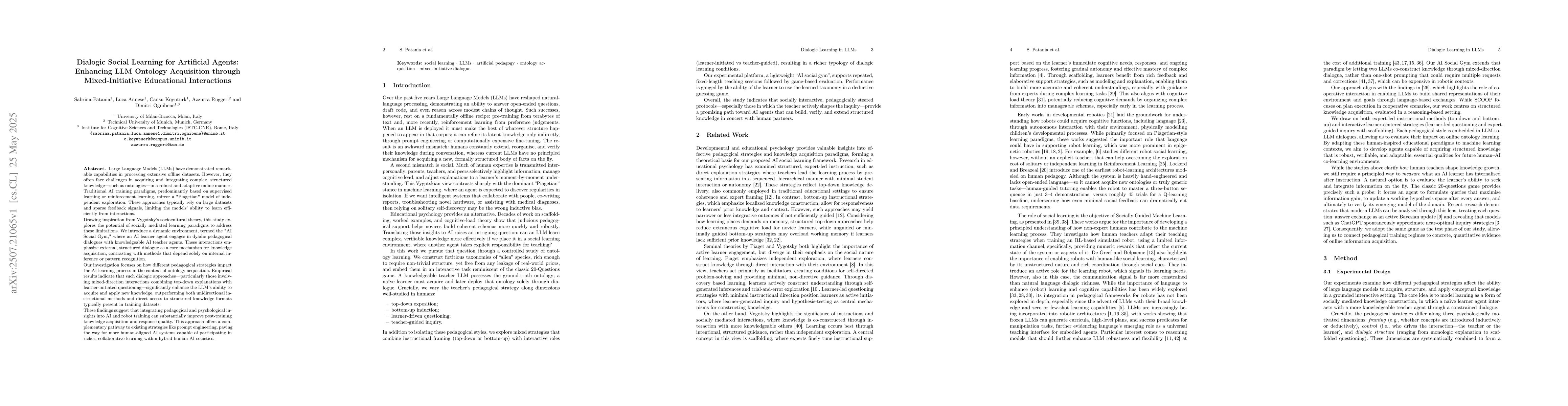 Thumbnail for Dialogic Social Learning for Artificial Agents: Enhancing LLM Ontology
  Acquisition through Mixed-Initiative Educational Interactions